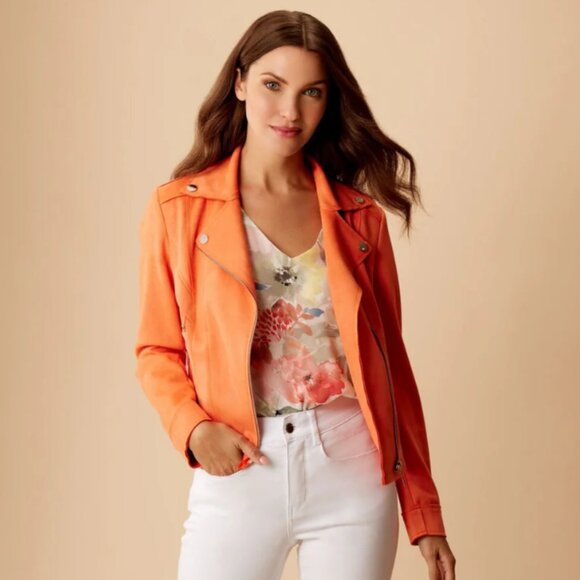 Frank Lyman Orange Knit Suede Moto Jacket Size Medium - Picture 2 of 5